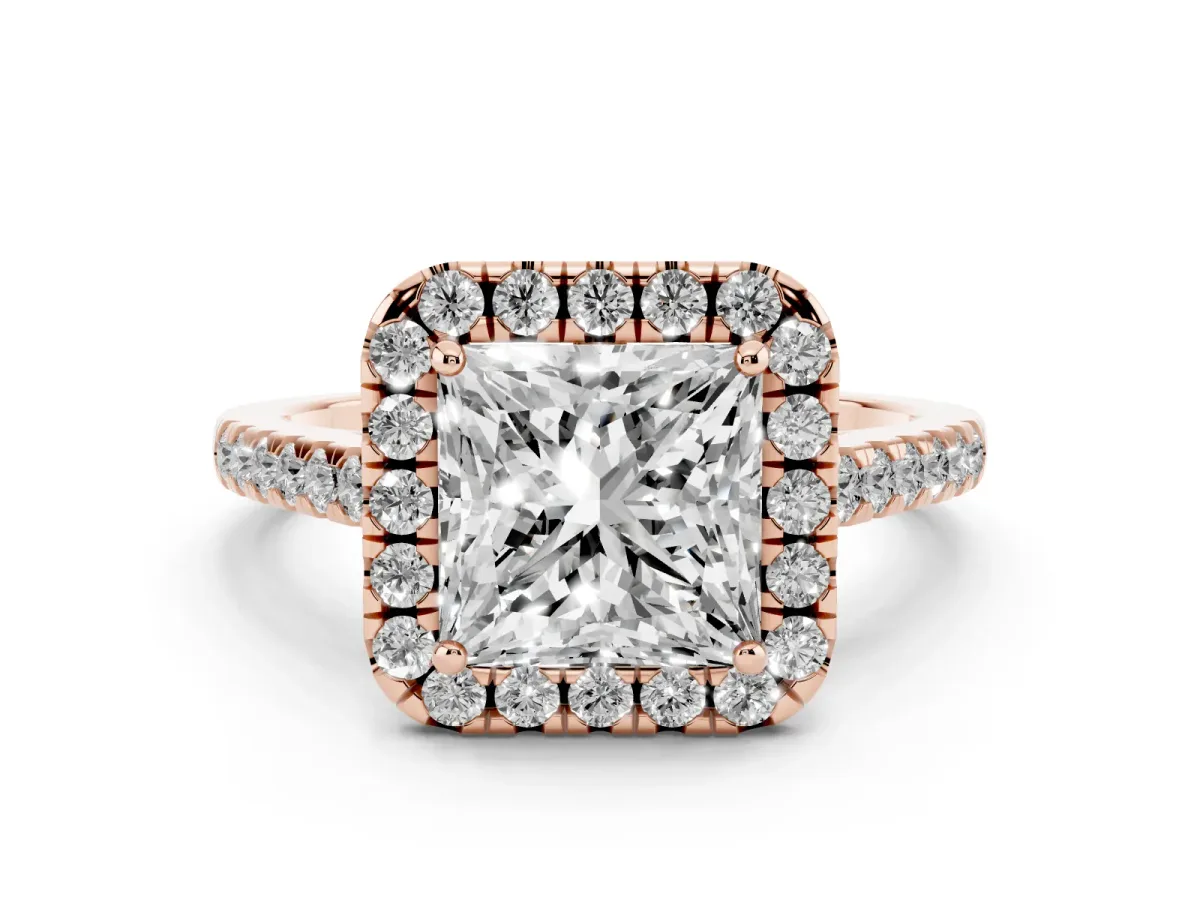 Princess Cut Diamond Pavé Halo Engagement Ring Set in Rose gold with Pavé Band and Prong Setting