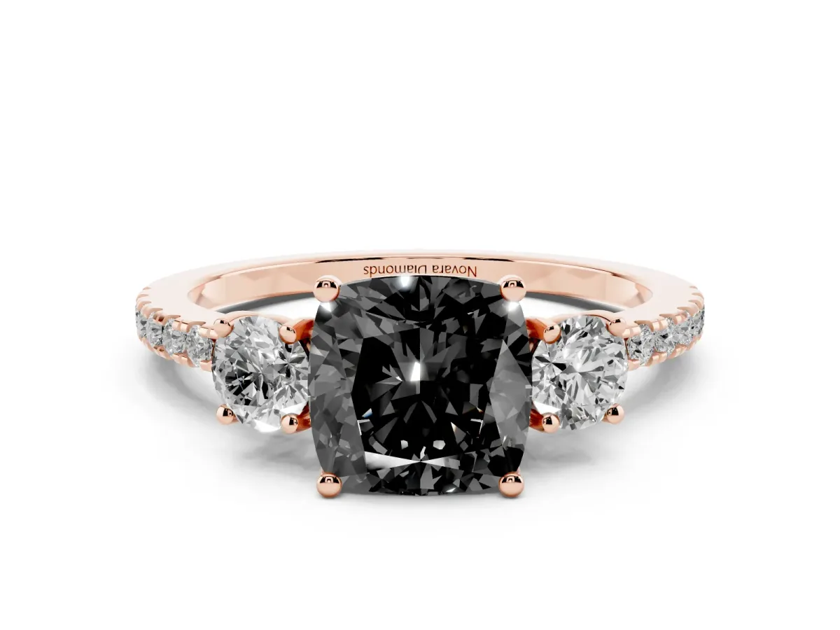 Fancy Black Cushion Cut Diamond Three-Stone Ring Set in Rose gold with Pavé Band and Graduated Sides