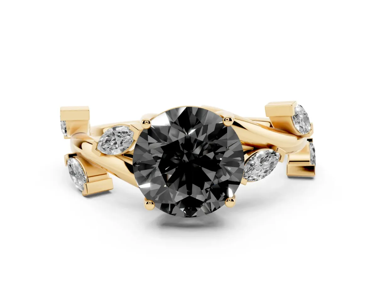 Fancy Black Round Cut Diamond Solitaire Ring Set in Yellow gold with Twisted Marquise Accent Band