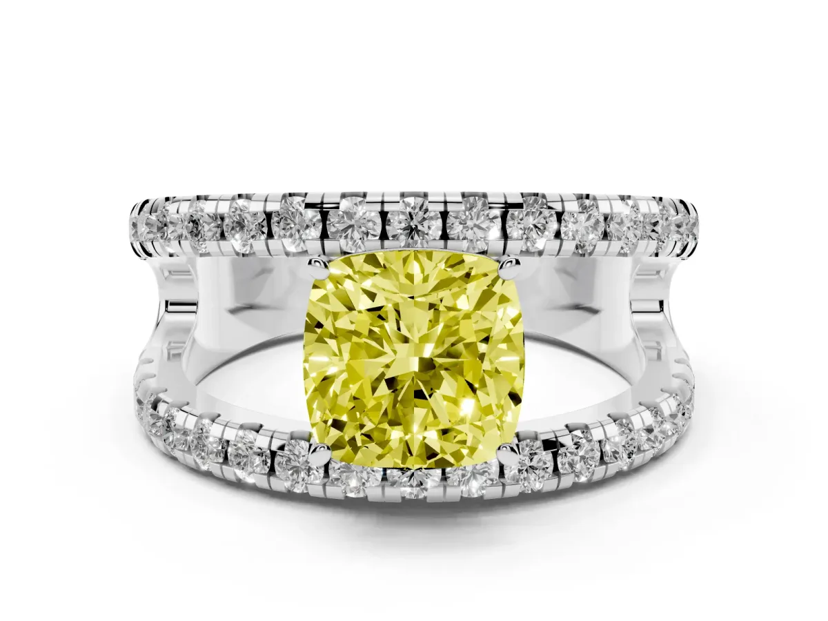 Fancy Yellow Cushion Cut Diamond Split Shank Pavé Solitaire Ring Set in Silver with Open Shank Design