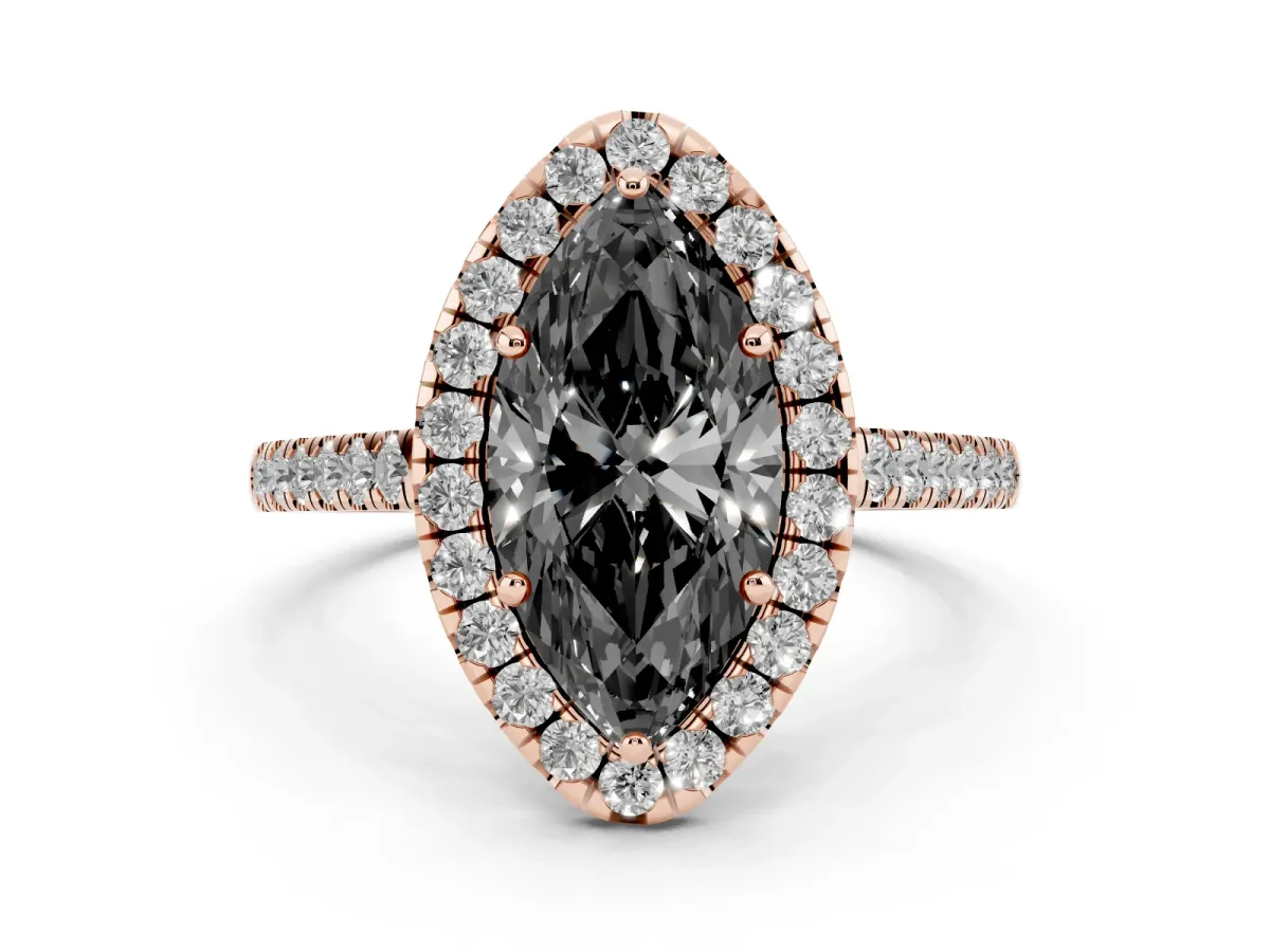 Fancy Black Marquise Cut Diamond Halo Pavé Engagement Ring Set in Rose gold with Prong Setting