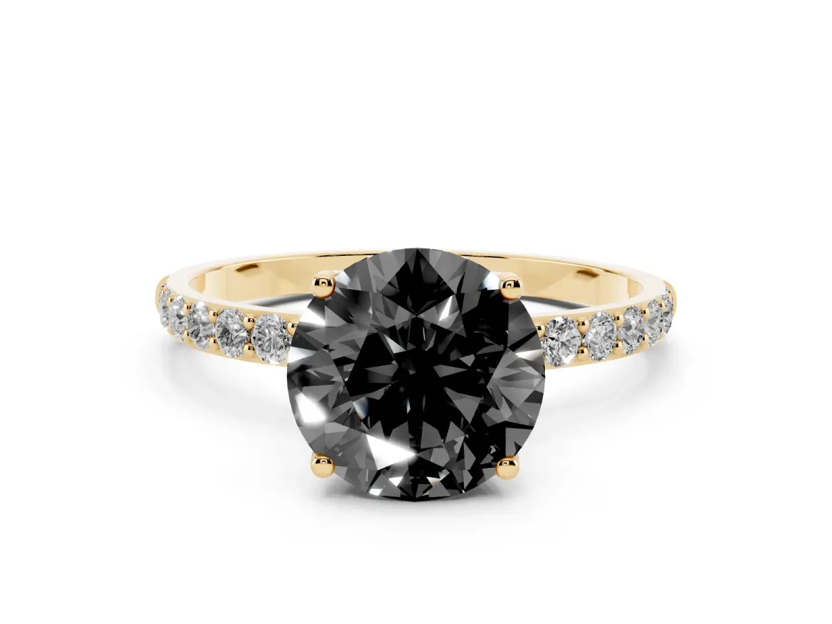 Fancy Black Round Cut Diamond Solitaire Engagement Ring Set in Yellow gold with Round Pavé Band and Prong Setting