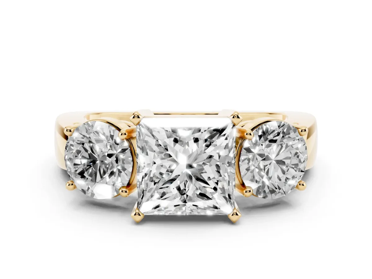 Princess Cut Diamond Three-Stone Ring Set in Yellow gold with Round Side Stones and Classic Band
