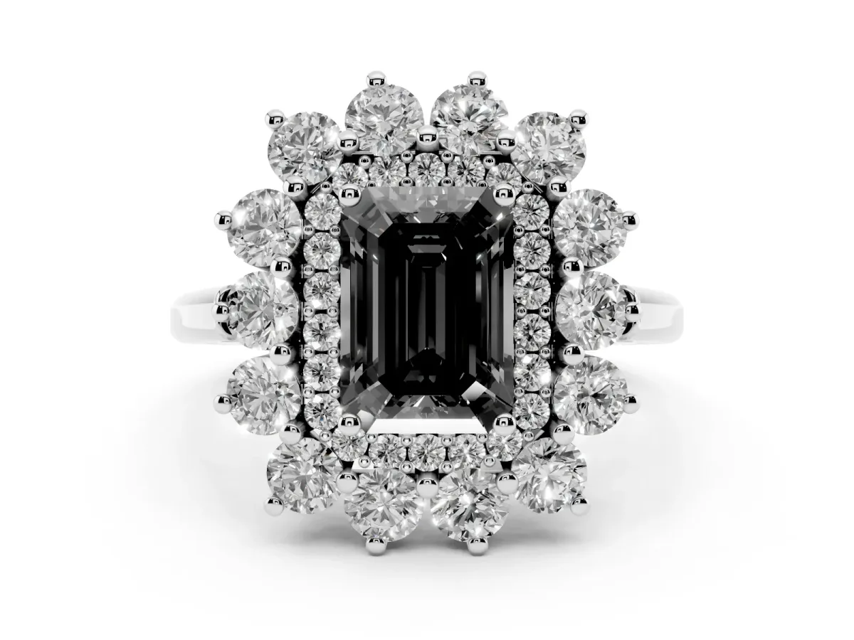 Fancy Black Emerald Cut Diamond Floral Double Halo Ring Set in Platinum with Round Petals