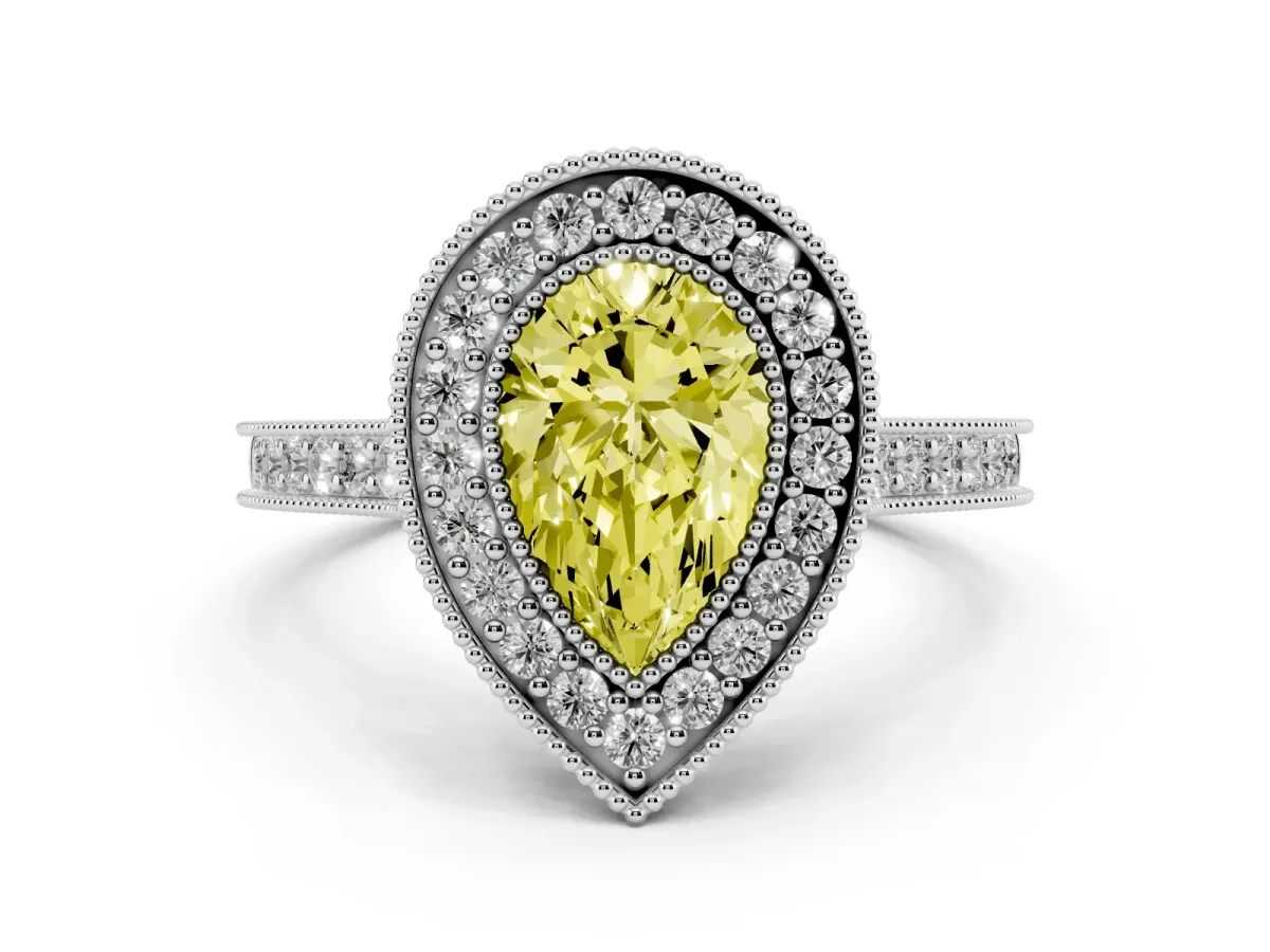 Fancy Yellow Pear Cut Diamond Halo Milgrain Pavé Band Ring Set in White gold with Prong Setting