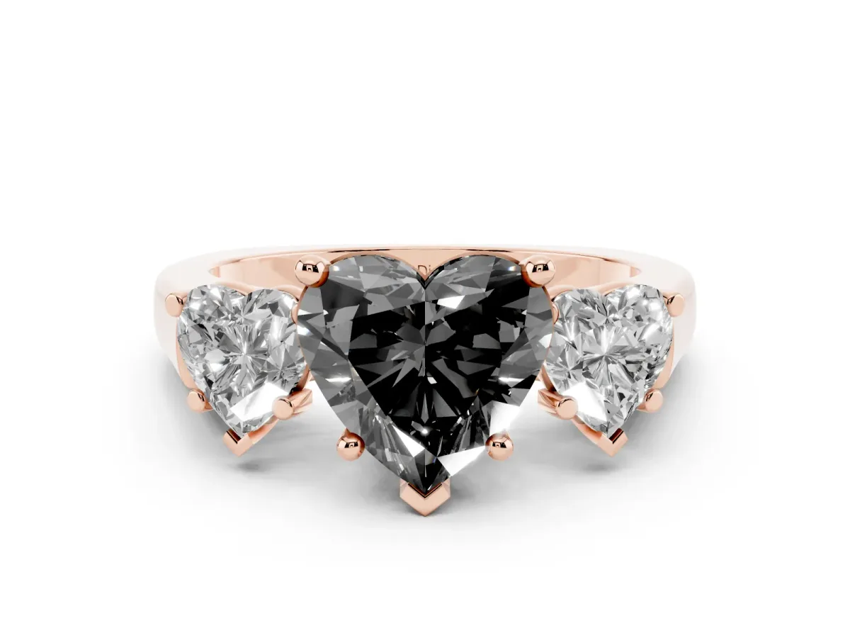 Fancy Black Heart Cut Diamond Three-Stone Trellis Ring Set in Rose gold with Comfort Fit Band
