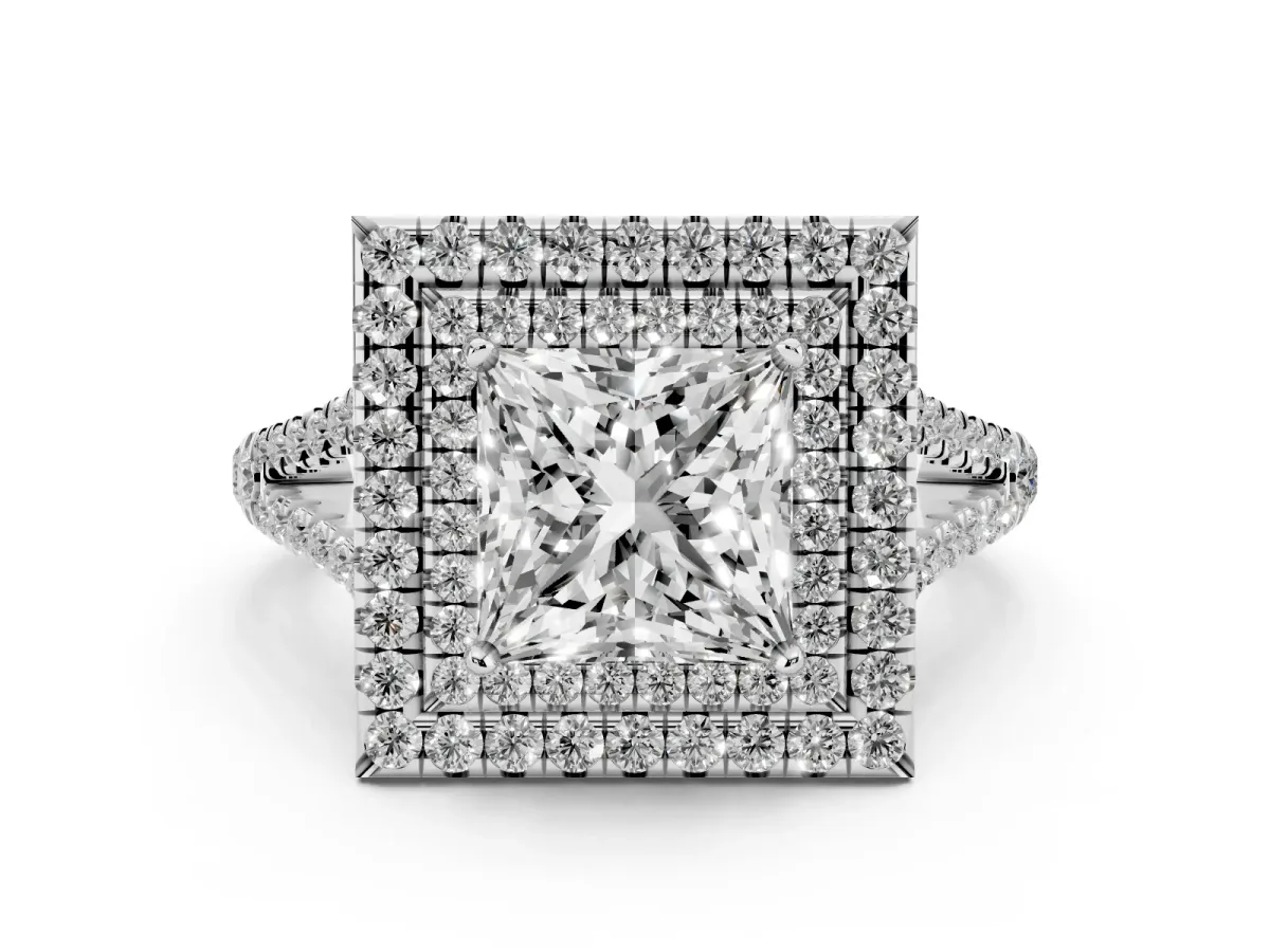 Princess Cut Diamond Double Halo Ring Set in Platinum with Pavé Band