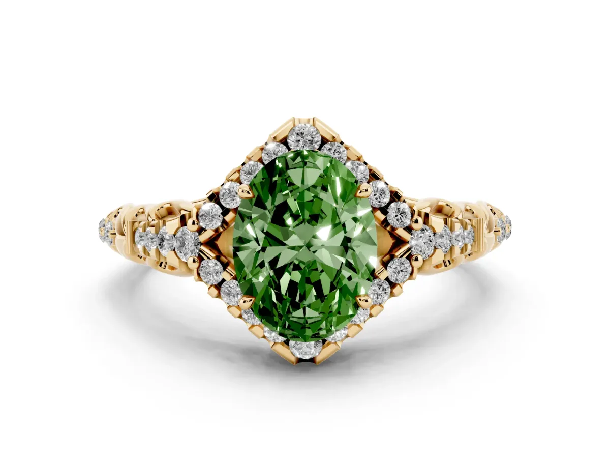 Fancy Green Oval Cut Diamond Solitaire Ring Set in Yellow gold with Hidden Halo and Pavé Band