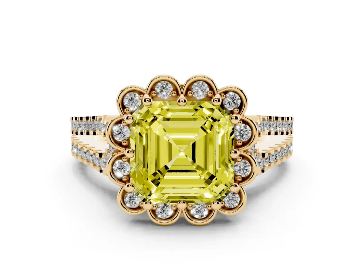 Fancy Yellow Asscher Cut Diamond Floral Halo Split Shank Engagement Ring Set in Yellow gold with Pavé Shank