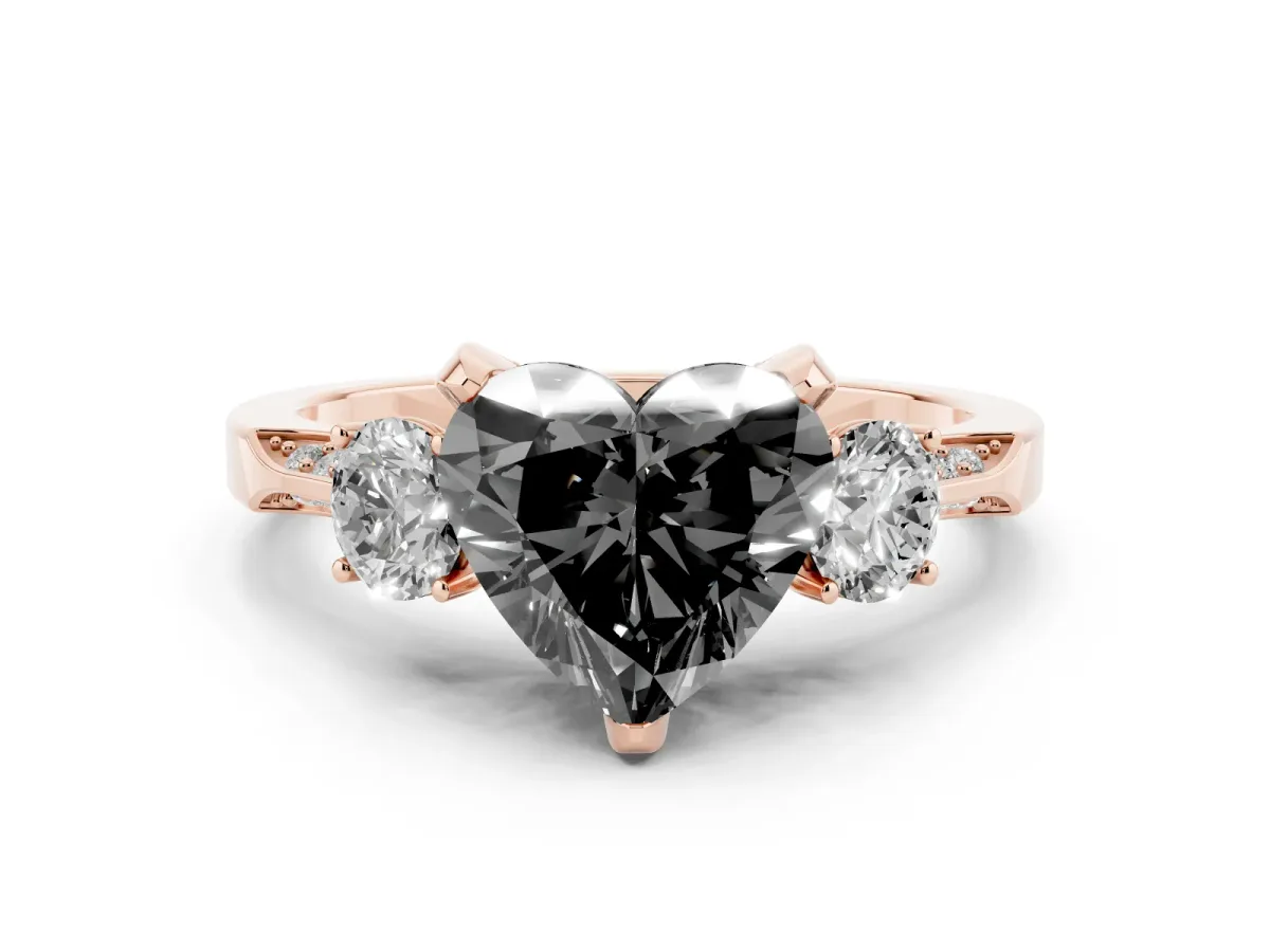 Fancy Black Heart Cut Diamond Three-Stone Ring Set in Rose gold with Pavé Band and Smaller Side Stones