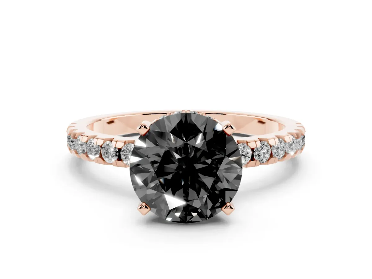 Fancy Black Round Cut Diamond Pavé Solitaire Ring Set in Rose gold with Round Band Accents and Prong Setting