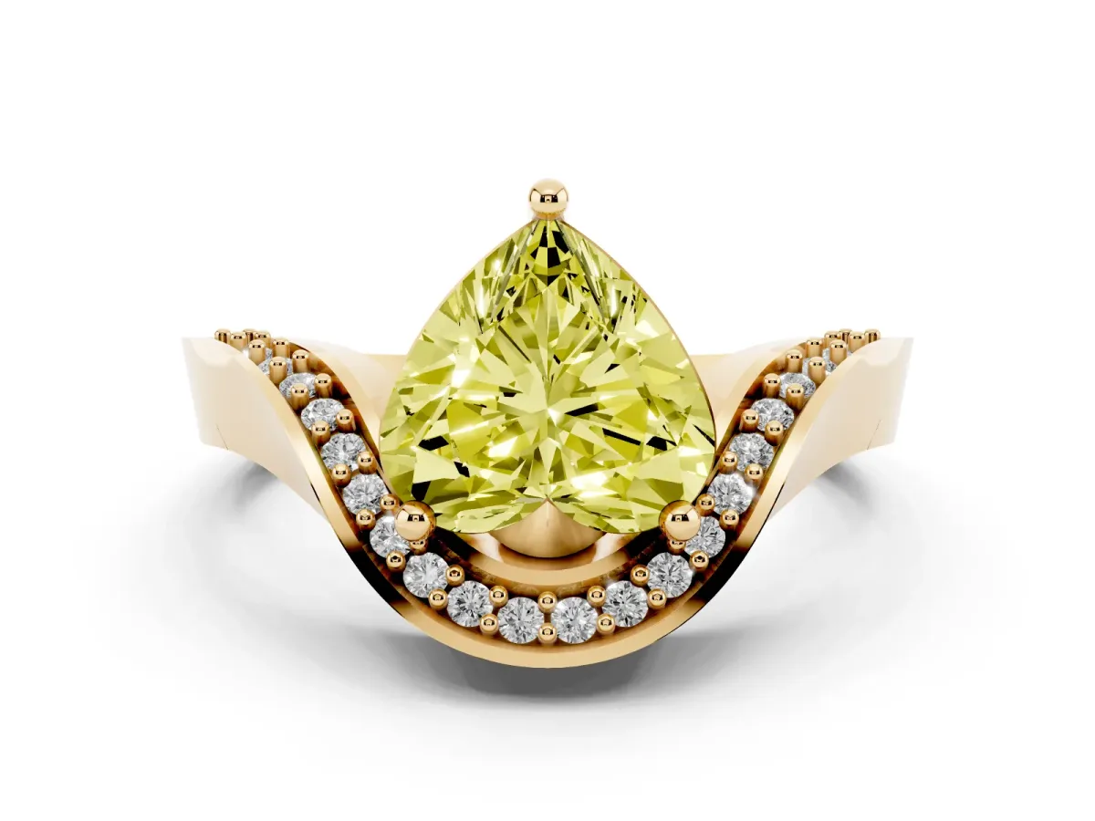 Fancy Yellow Heart Cut Diamond Solitaire Engagement Ring Set in Yellow gold with Pavé Shoulders