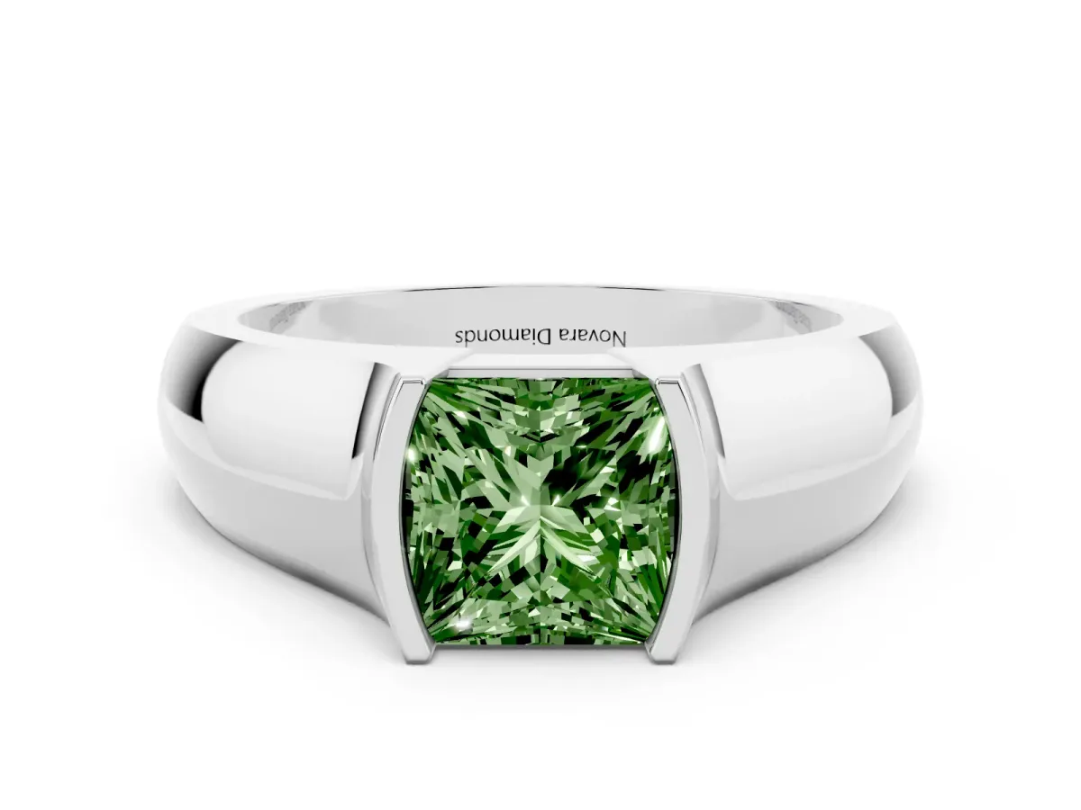 Fancy Green Princess Cut Diamond Bezel Solitaire Ring Set in White gold with Wide Band