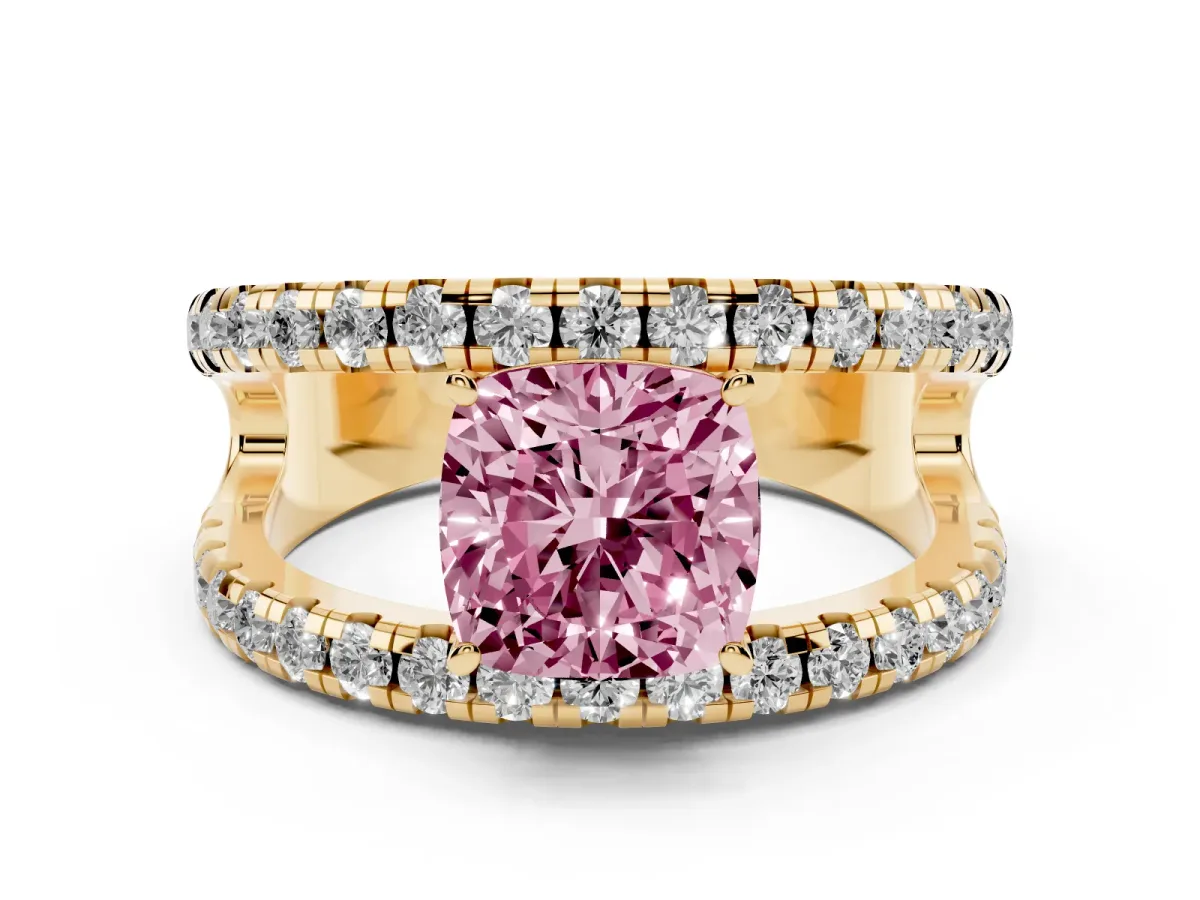 Fancy Pink Cushion Cut Diamond Split Shank Pavé Solitaire Ring Set in Yellow gold with Open Shank Design