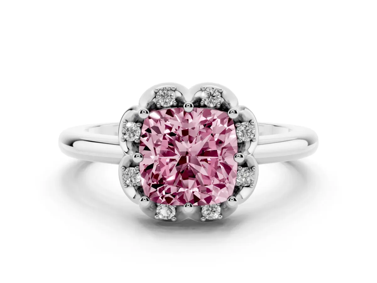 Fancy Pink Cushion Cut Diamond Round Cluster Halo Ring Set in White gold with Solitaire Band and Prong Setting