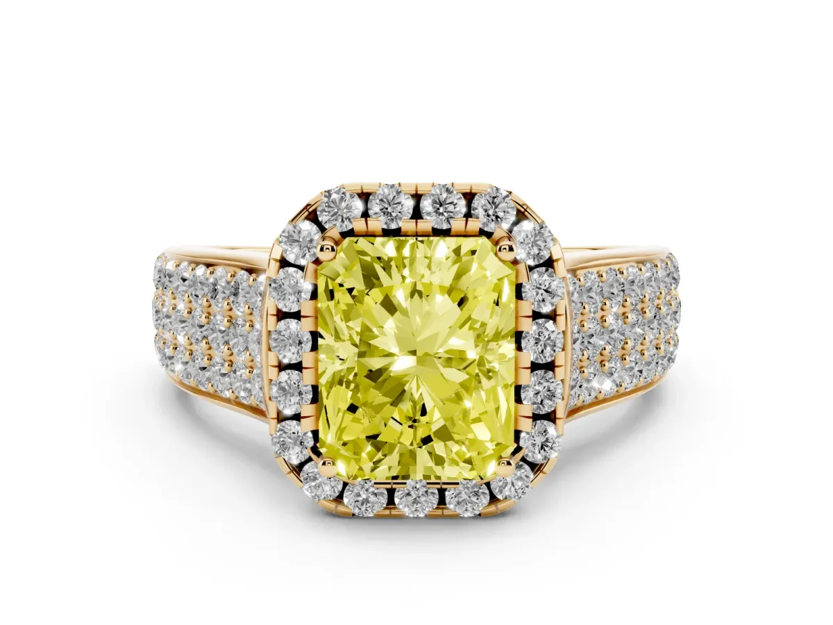 Fancy Yellow Radiant Cut Diamond Halo Ring Set in Yellow gold with Pavé Band and Raised Center Setting
