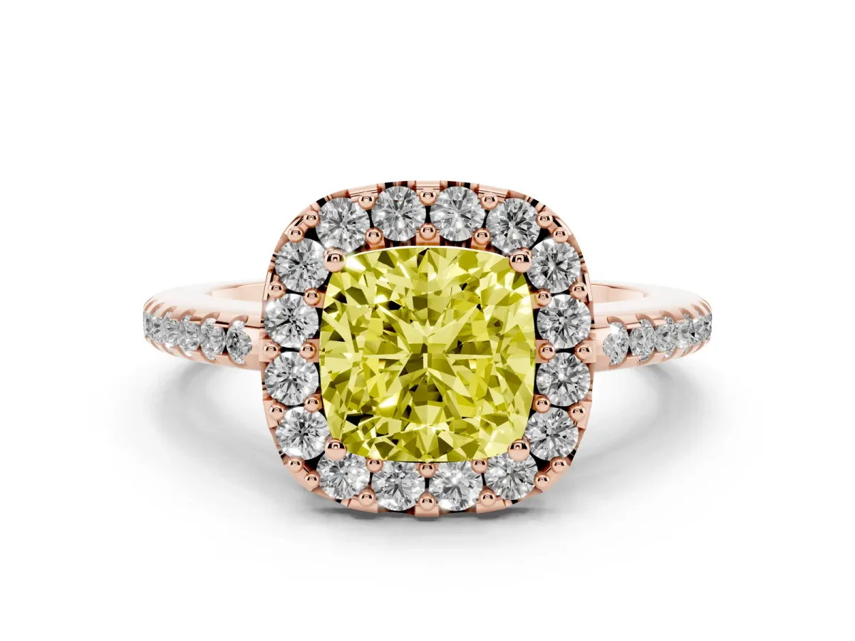 Fancy Yellow Cushion Cut Diamond Pavé Halo Ring Set in Rose gold with Prong Setting