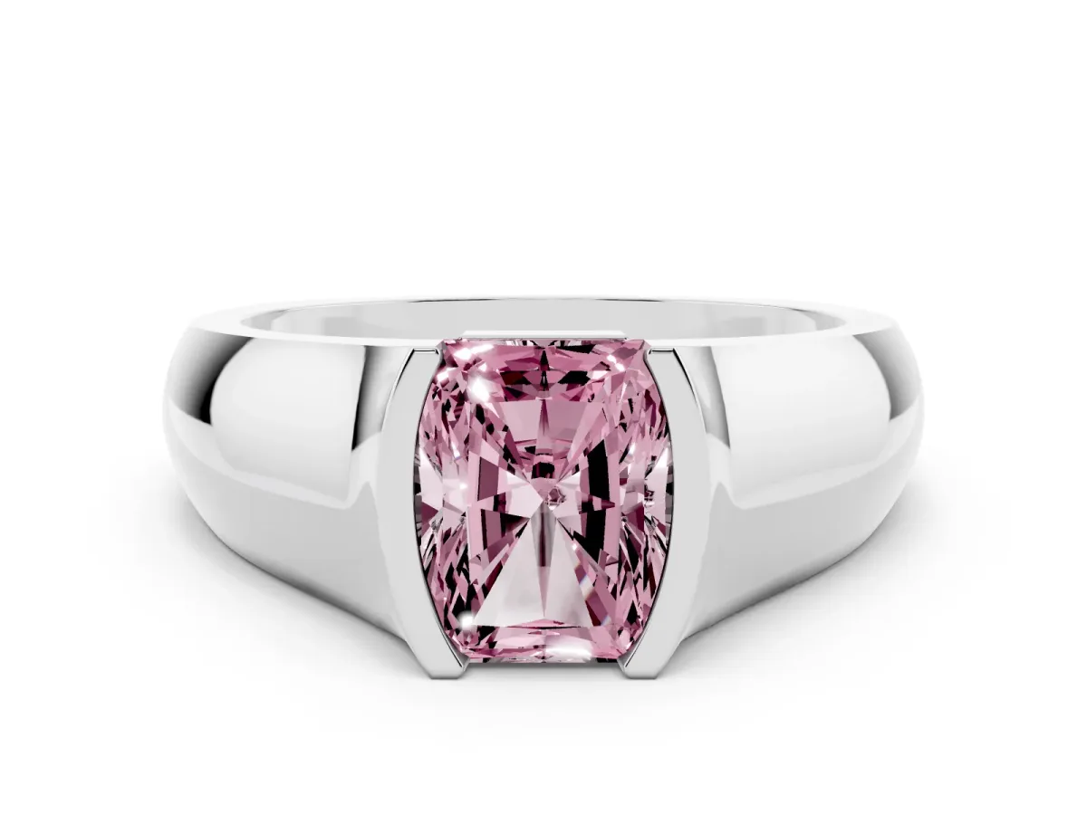 Fancy Pink Radiant Cut Diamond Bezel Solitaire Ring Set in Platinum with Wide Band