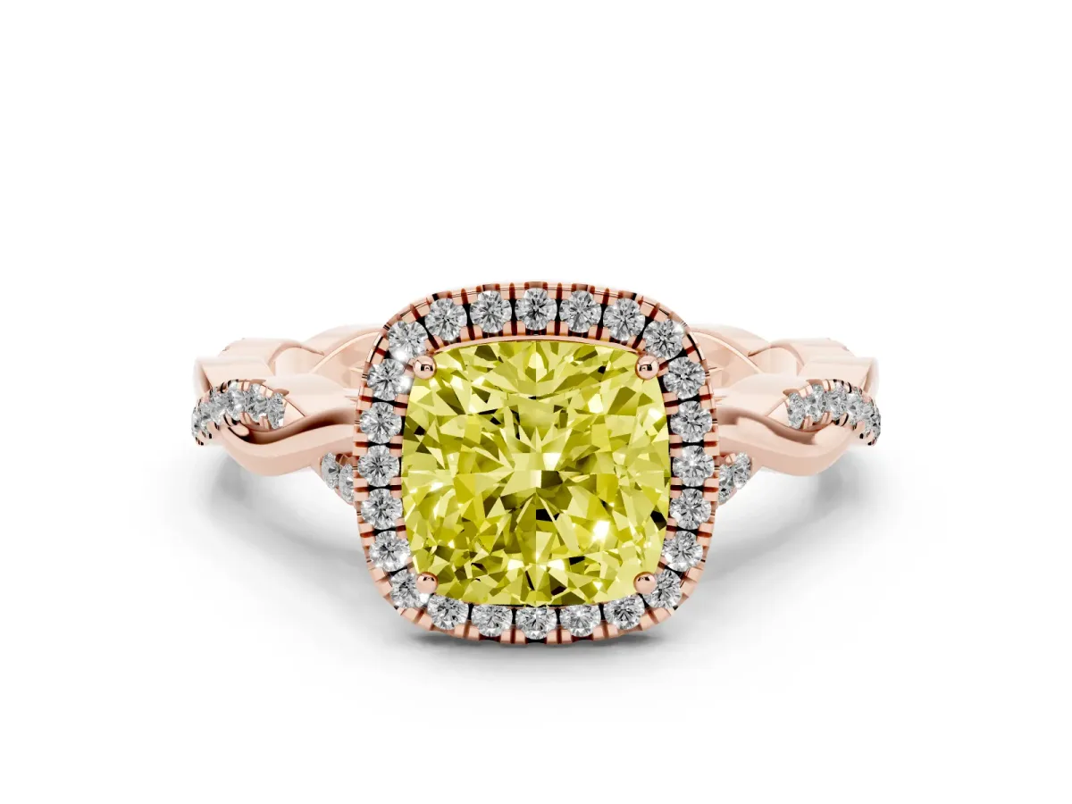 Fancy Yellow Cushion Cut Diamond Halo Twist Band Solitaire Ring Set in Rose gold with Prong Setting