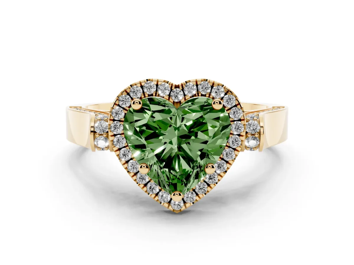 Fancy Green Heart Cut Diamond Halo Ring Set in Yellow gold with Twist Band and Pavé Accents