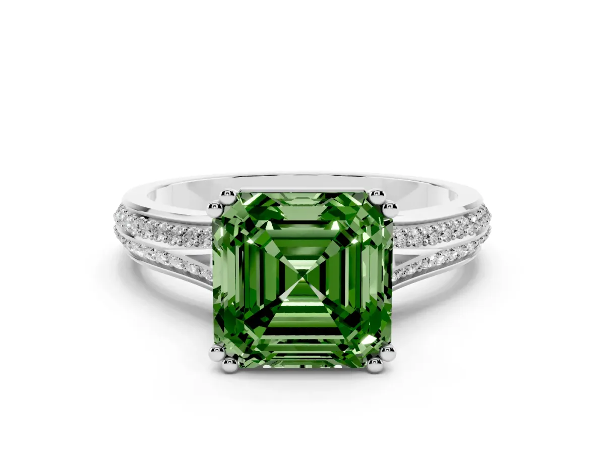 Fancy Green Asscher Cut Diamond Split Shank Pavé Engagement Ring Set in Platinum with Prong-Set Center Stone