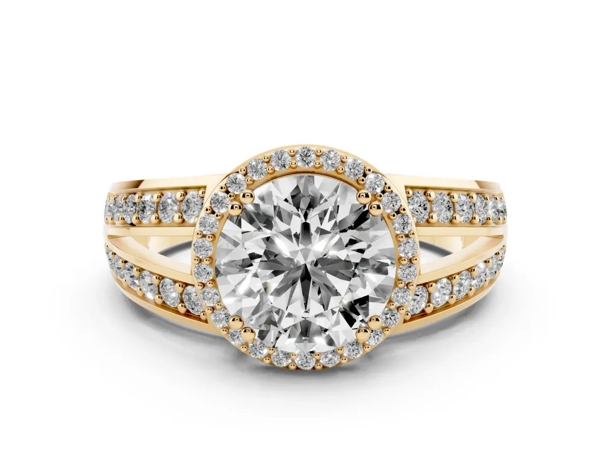 Round Cut Diamond Halo Ring Set in Yellow gold with Double Pavé Split Shank