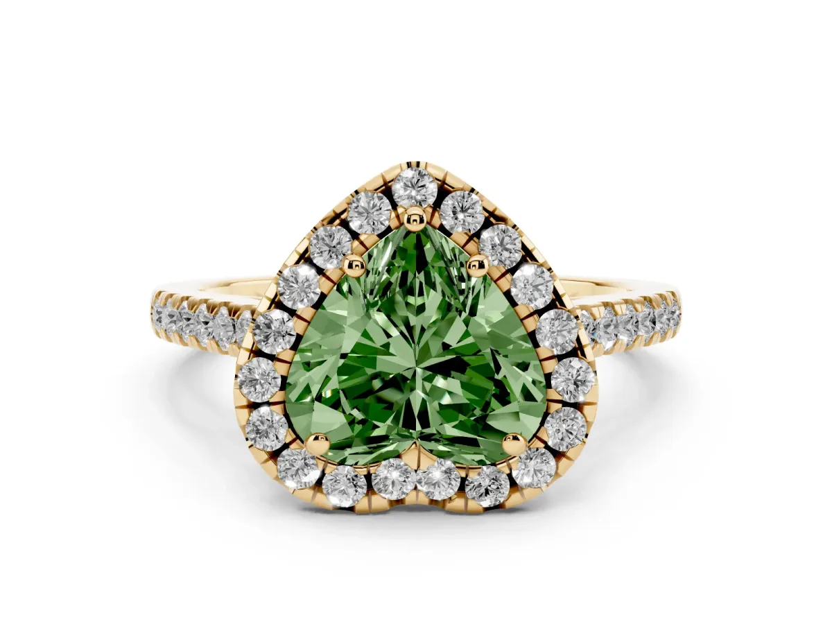 Fancy Green Heart Cut Diamond Pavé Halo Engagement Ring Set in Yellow gold with Pavé Band and Prong Setting