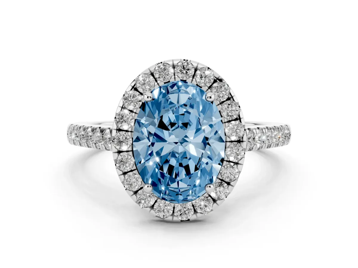 Fancy Blue Oval Cut Diamond Halo Pavé Engagement Ring Set in Platinum with Prong Setting