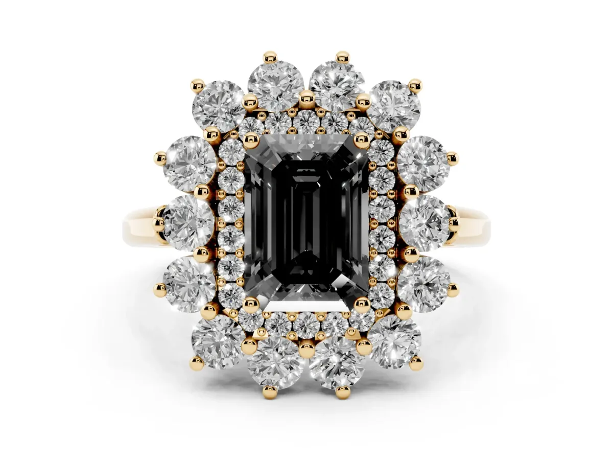 Fancy Black Emerald Cut Diamond Floral Double Halo Ring Set in Yellow gold with Round Petals