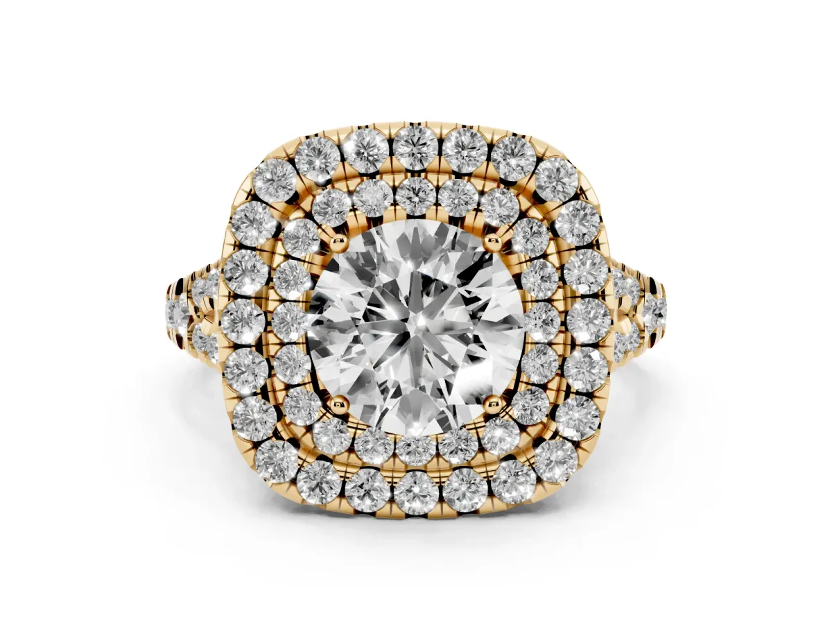 Round Cut Diamond Double Halo Ring Set in Yellow gold with Pavé Split Shank and Prong Setting