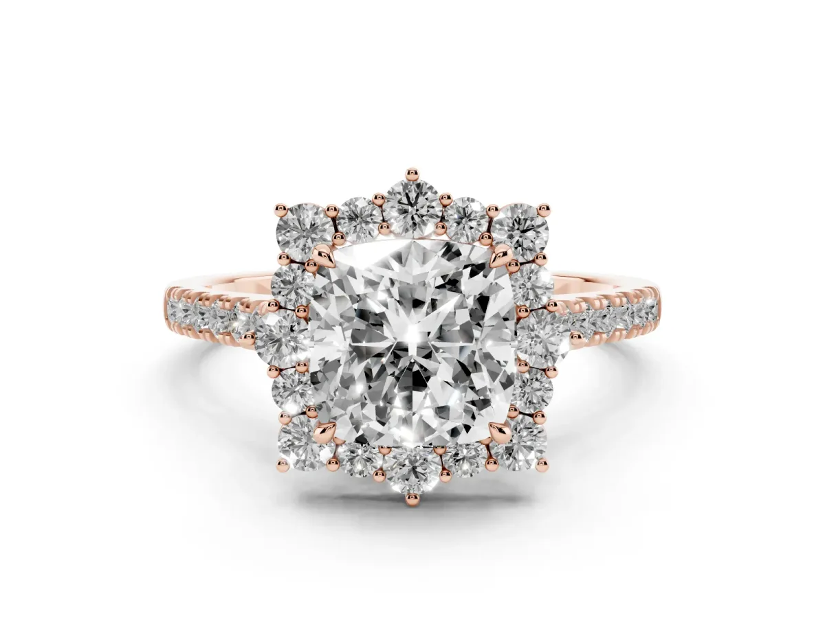 Cushion Cut Diamond Halo Ring Set in Rose gold with Pavé Band and Prong Setting