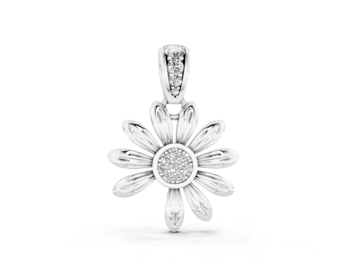 Round Diamond Daisy Flower Pendant Set in Silver with Pavé Petal Accents