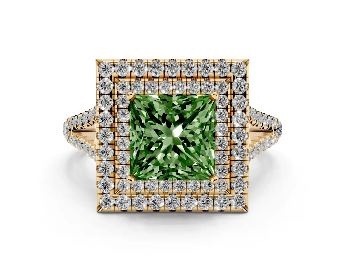 Fancy Green Princess Cut Diamond Double Halo Ring Set in Yellow gold with Pavé Band