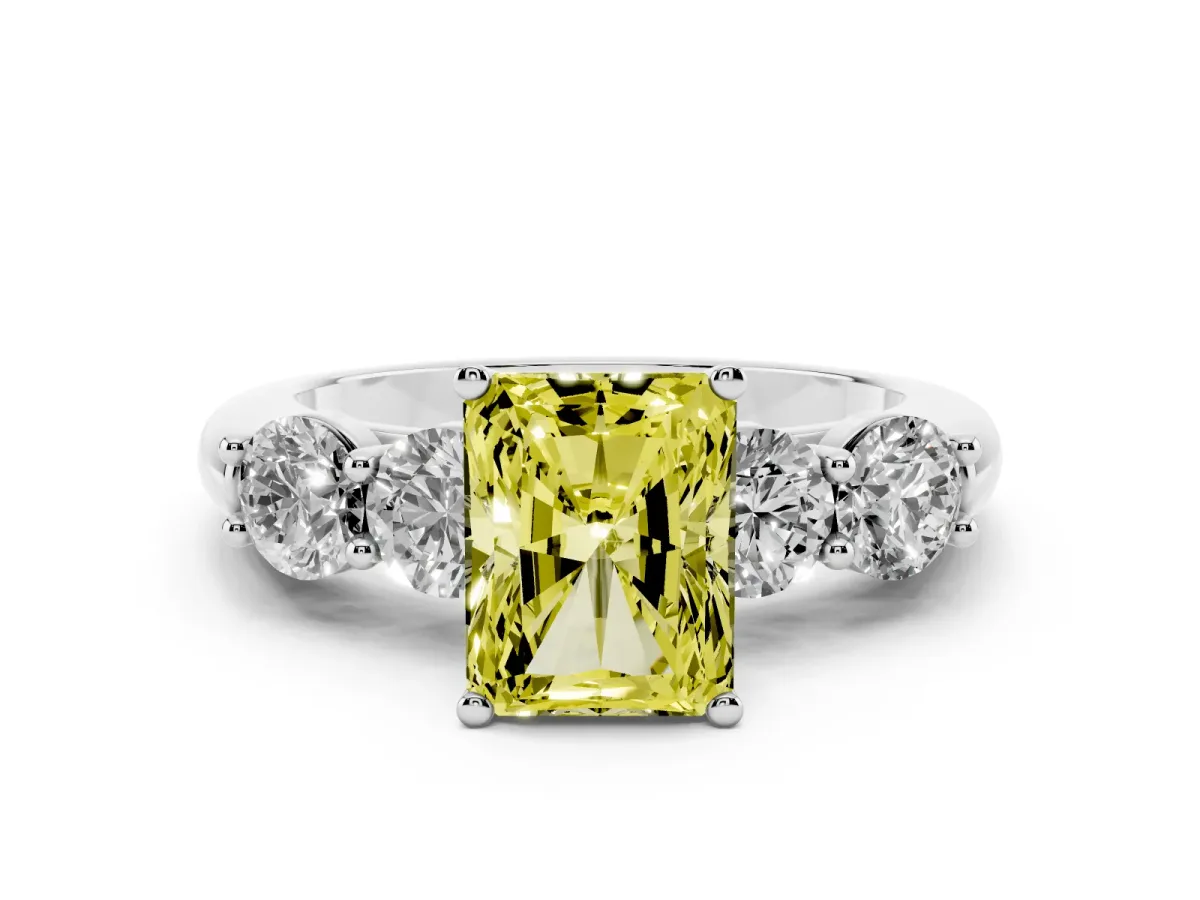 Fancy Yellow Radiant Cut Diamond Five-Stone Prong Set Ring Set in White gold with Classic Band