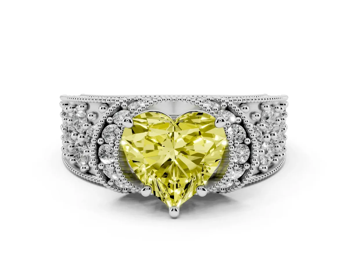 Fancy Yellow Heart Cut Diamond Milgrain Halo Pavé Engagement Ring Set in Silver with Prong Setting