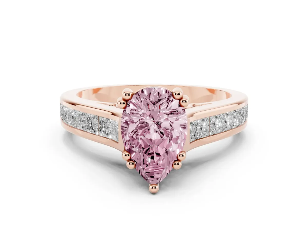 Fancy Pink Pear Cut Diamond Channel Set Solitaire Engagement Ring Set in Rose gold with Prong Setting