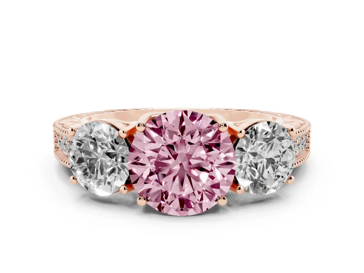 Fancy Pink Round Cut Diamond Three-Stone Engagement Ring Set in Rose gold with Milgrain Pavé Band