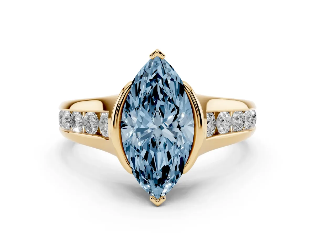 Fancy Blue Marquise Cut Diamond Bezel-Set Solitaire Ring Set in Yellow gold with Channel-Set Band