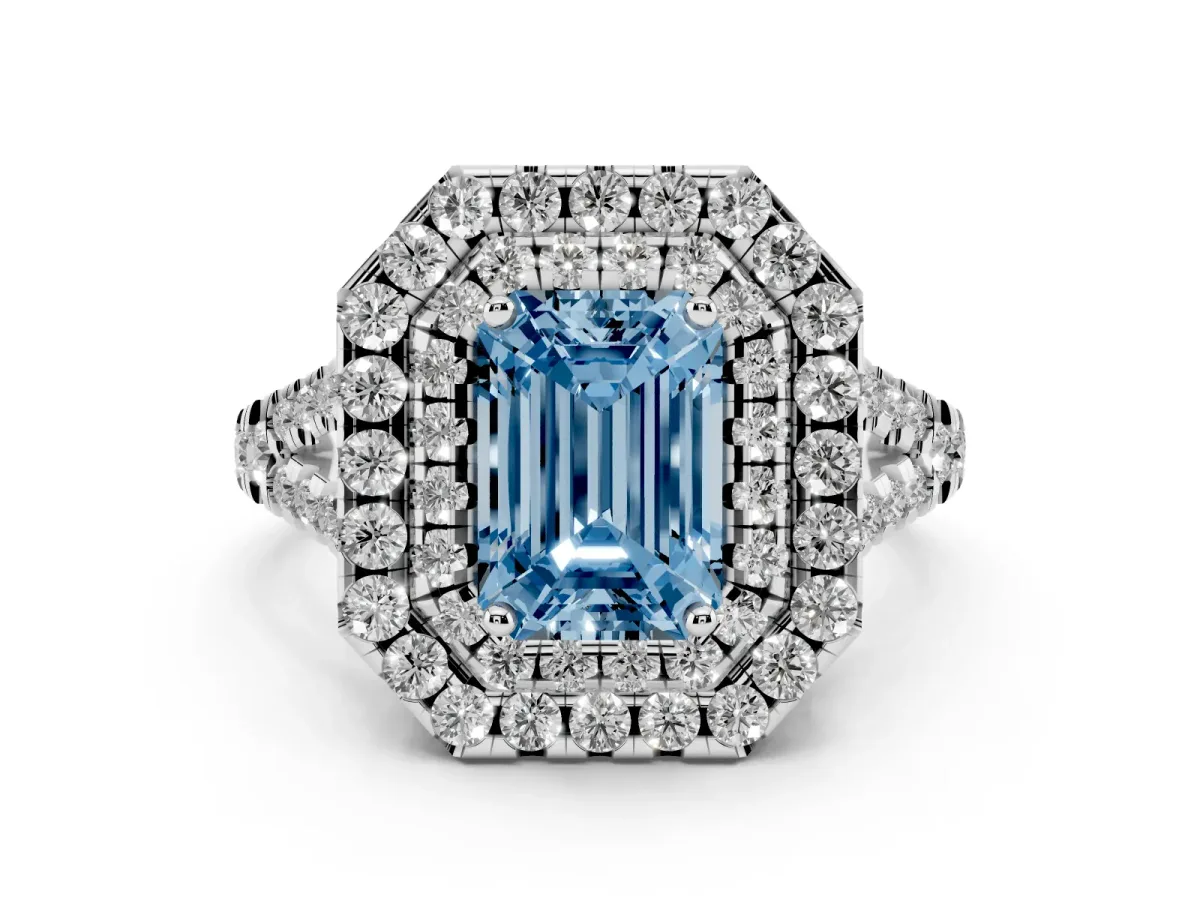 Fancy Blue Emerald Cut Diamond Double Halo Ring Set in Platinum with Pavé Split Shank and Prong Setting