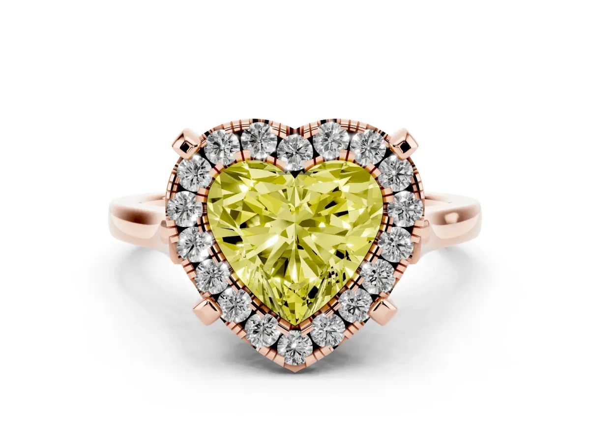 Fancy Yellow Heart Cut Diamond Cluster Halo Solitaire Ring Set in Rose gold with Prong Setting