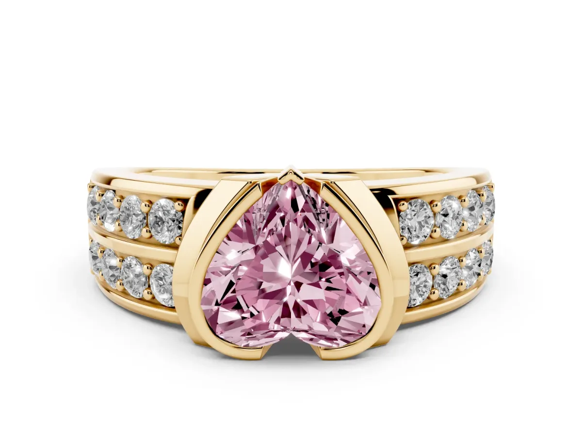 Fancy Pink Heart Cut Diamond Wide Channel Set Band Ring Set in Yellow gold with Bezel Setting