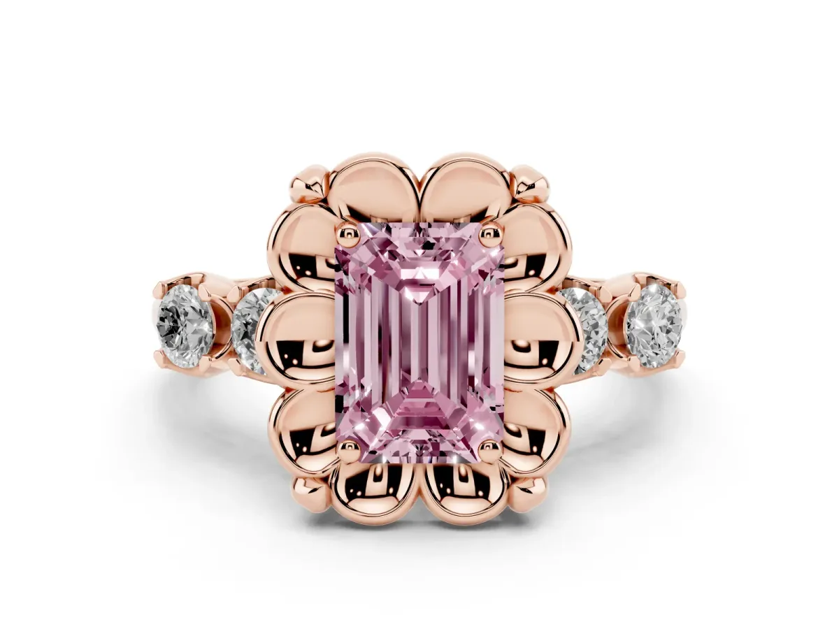 Fancy Pink Emerald Cut Diamond Floral Halo Ring Set in Rose gold with Shared Prong Band
