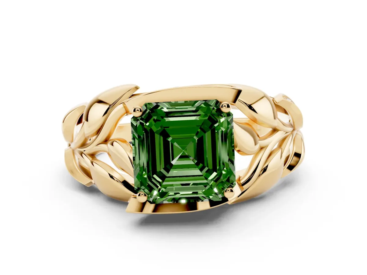 Fancy Green Asscher Cut Diamond Leaf-Inspired Engagement Ring Set in Yellow gold with Round Accents