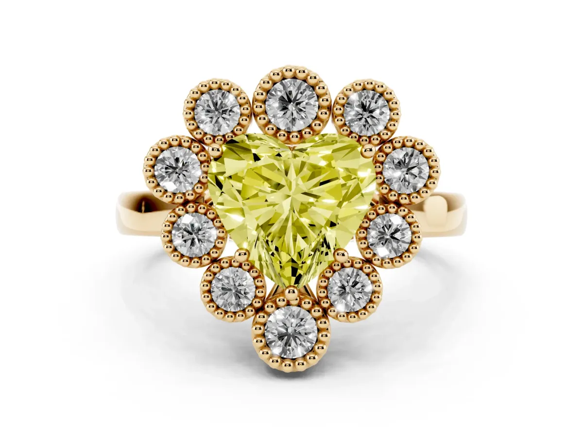 Fancy Yellow Heart Cut Diamond Cluster Halo Ring Set in Yellow gold with Milgrain Bezel Accents and Plain Band