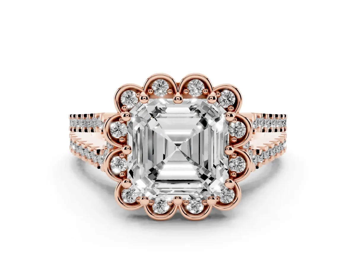 Asscher Cut Diamond Floral Halo Split Shank Engagement Ring Set in Rose gold with Pavé Shank