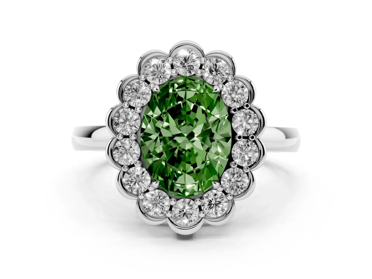 Fancy Green Oval Cut Diamond Halo Cluster Engagement Ring Set in Platinum with Solitaire Band and Prong Setting
