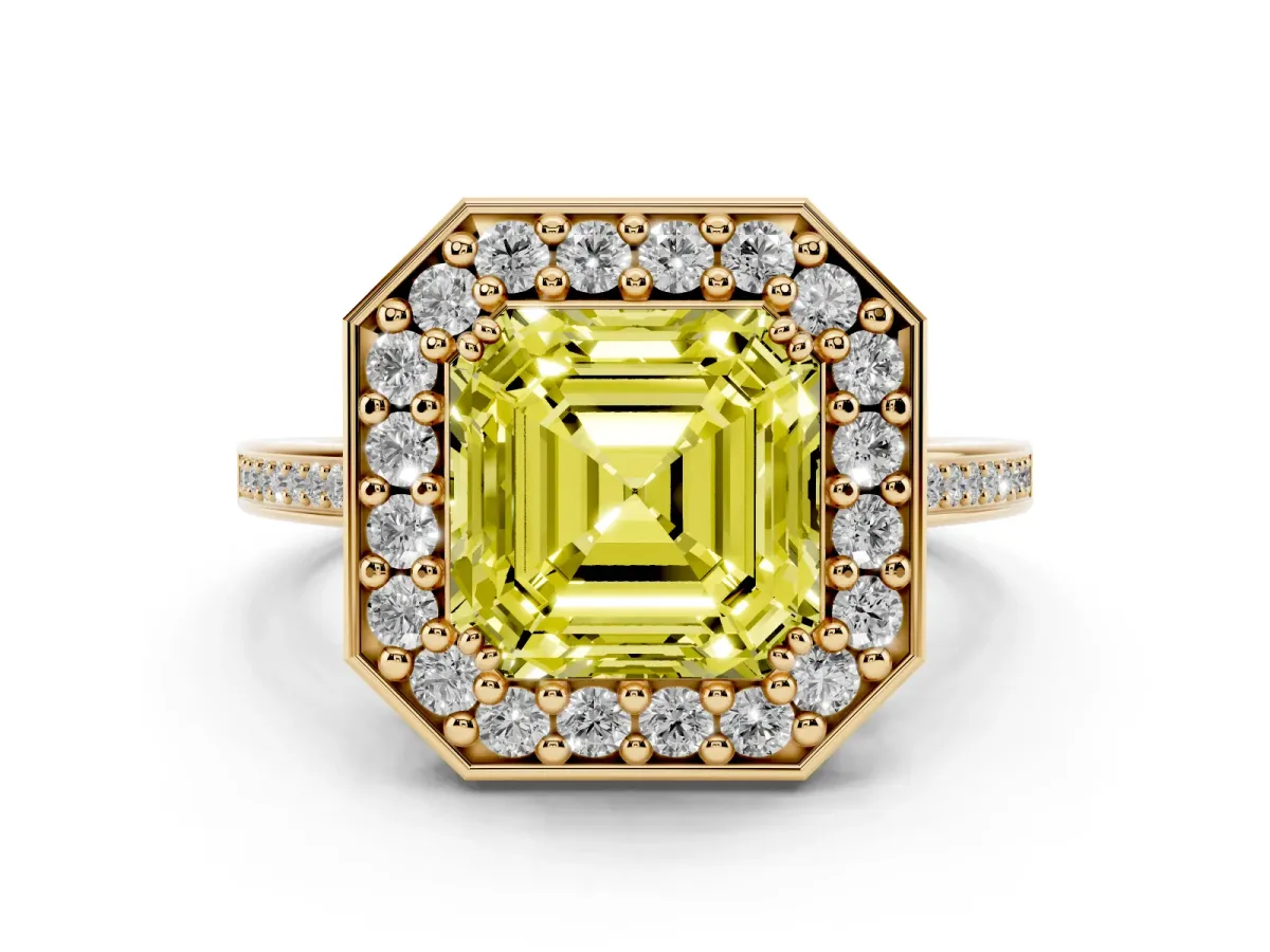 Fancy Yellow Asscher Cut Diamond Halo Ring Set in Yellow gold with Accent-Lined Split Shank and Prong Setting