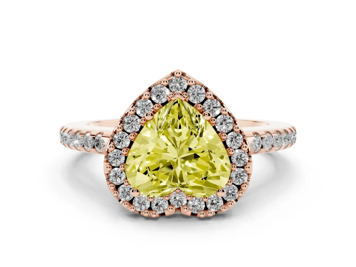 Fancy Yellow Heart Cut Diamond Pavé Halo Ring Set in Rose gold with Prong Setting