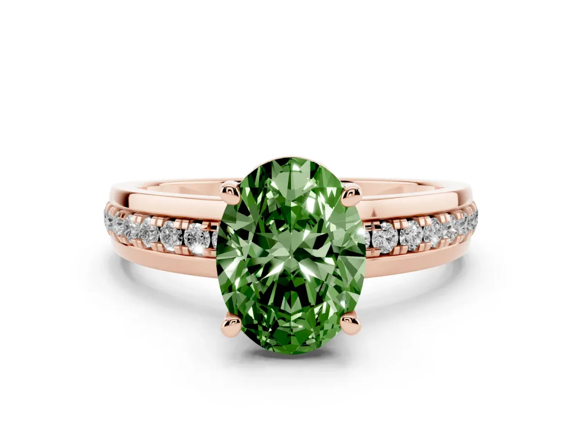 Fancy Green Oval Cut Diamond Solitaire Ring Set in Rose gold with Channel Set Band and Prong Setting