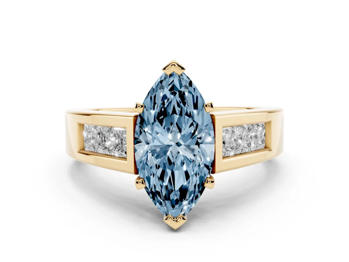 Fancy Blue Marquise Cut Diamond Solitaire Ring Set in Yellow gold with Channel-Set Accent Stones and Prong Setting
